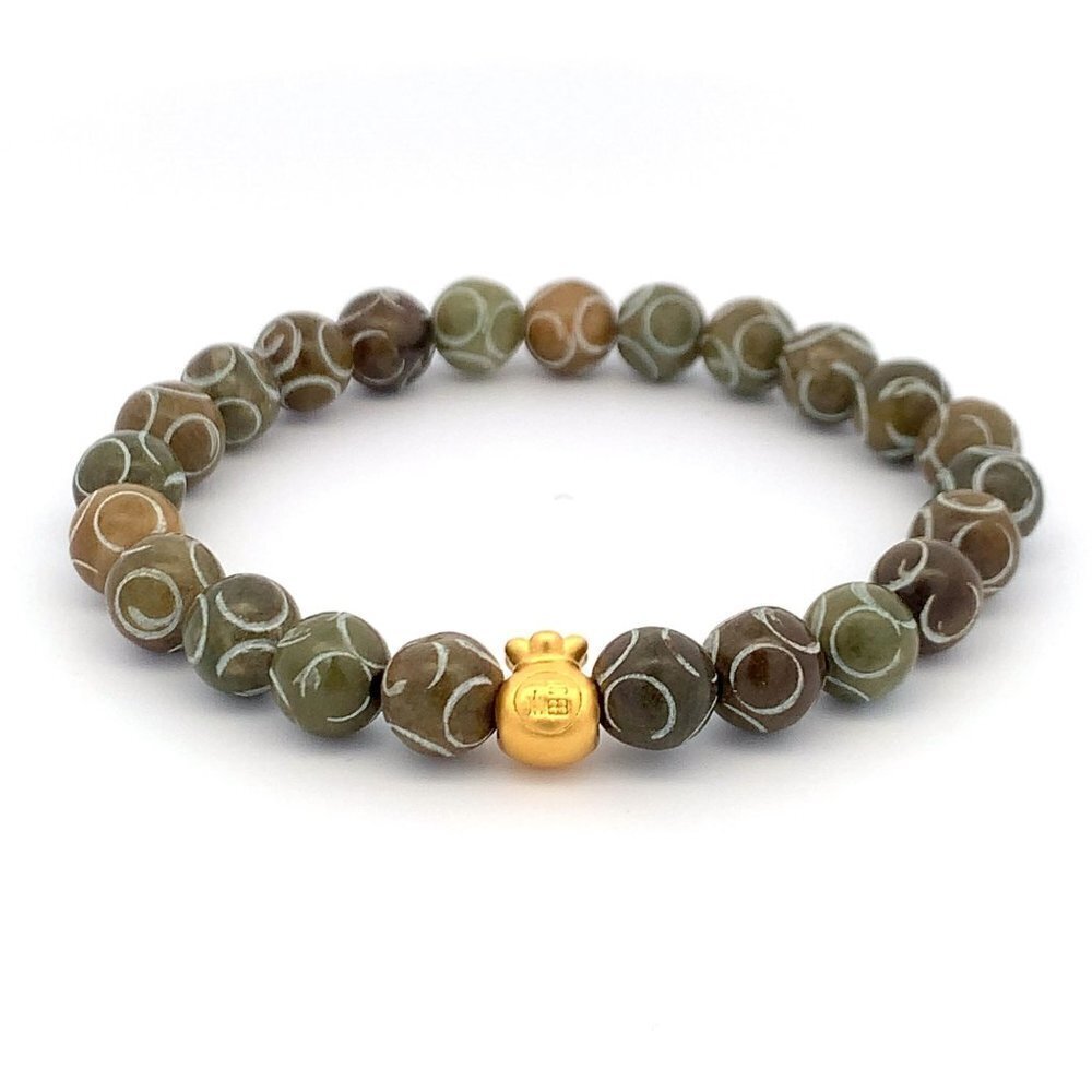 24K Gold Money Bag Lucky Charm Bracelet Gemstones Brown Multicolor Carved Jade